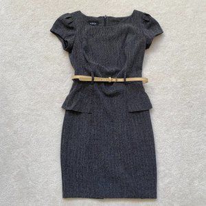 Grey Belted Cap Sleeve Peplum Pencil Work Dress